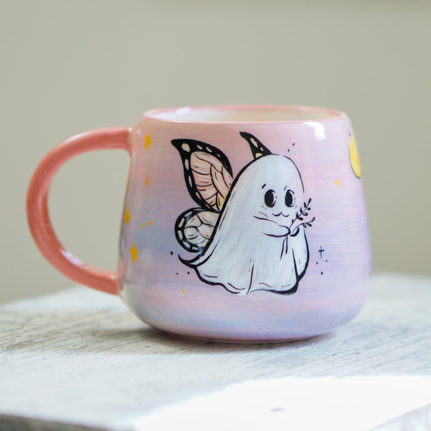Handmade Ghost Fairy Mug: Pastel Pink Halloween Coffee Cup