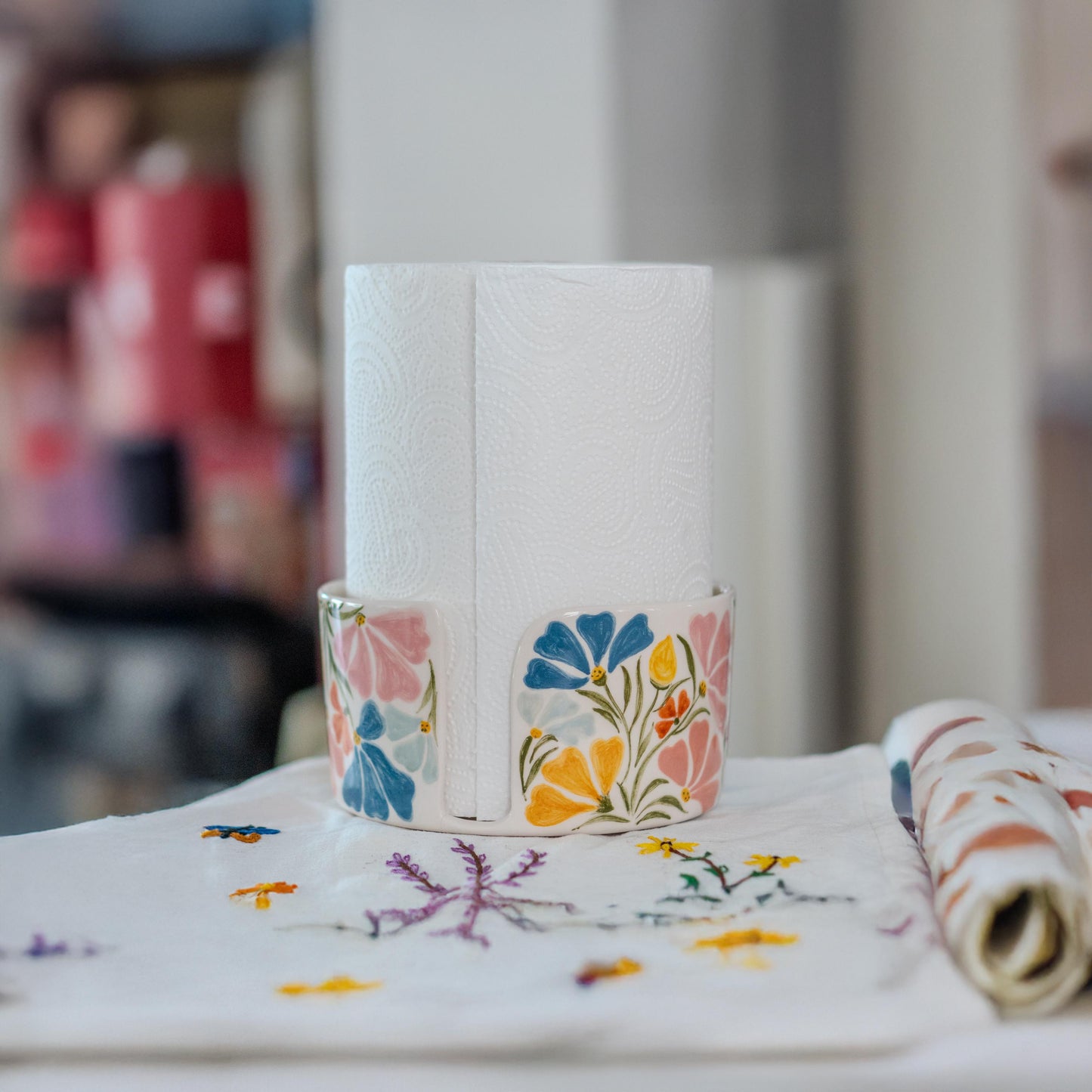 Handmade Ceramic Paper Towel Holder: Floral Holiday Kitchen Decor