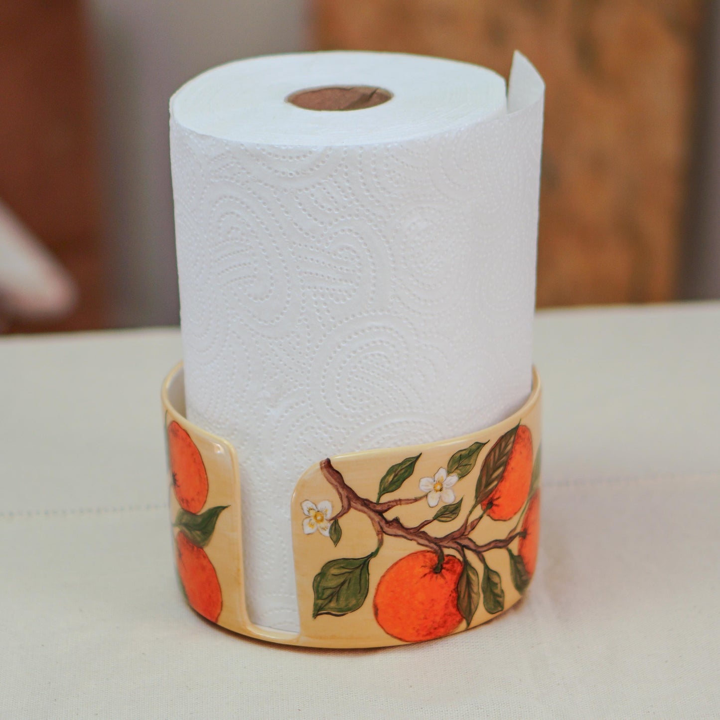 Handmade Ceramic Paper Towel Holder: Orange Blossom Kitchen Decor