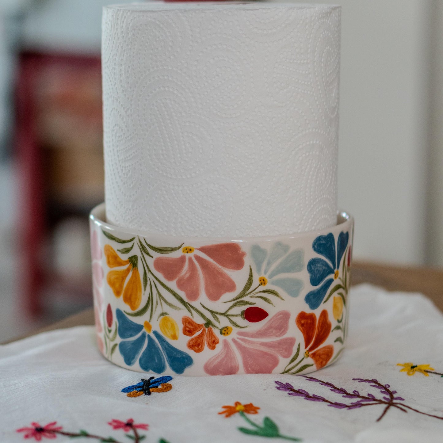 Handmade Ceramic Paper Towel Holder: Floral Holiday Kitchen Decor