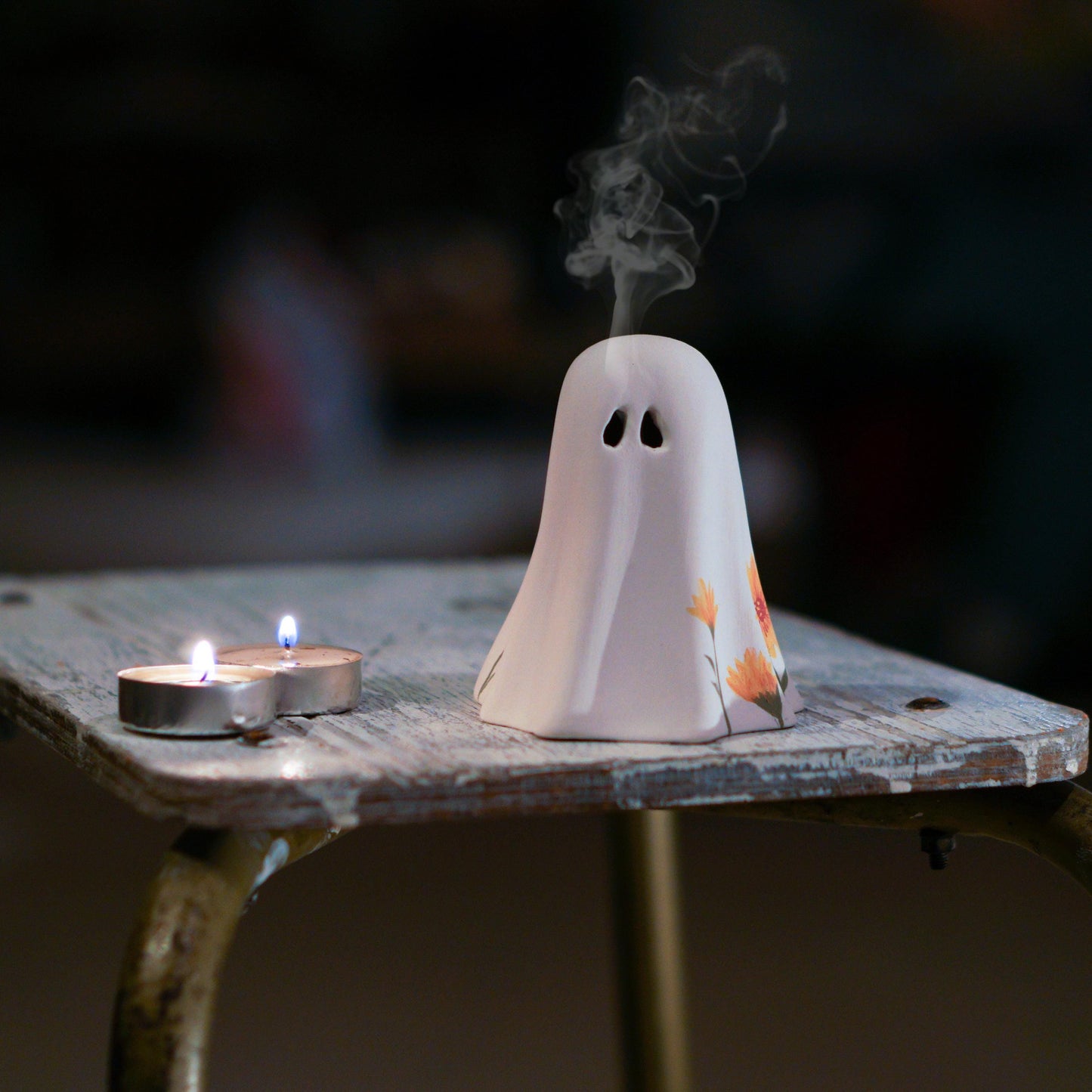Floral Ghost Incense Holder: Handmade Ceramic Halloween Decor