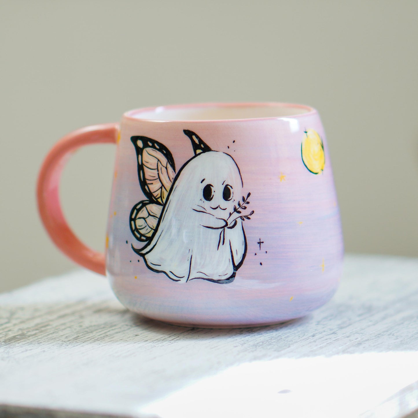 Handmade Ghost Fairy Mug: Pastel Pink Halloween Coffee Cup