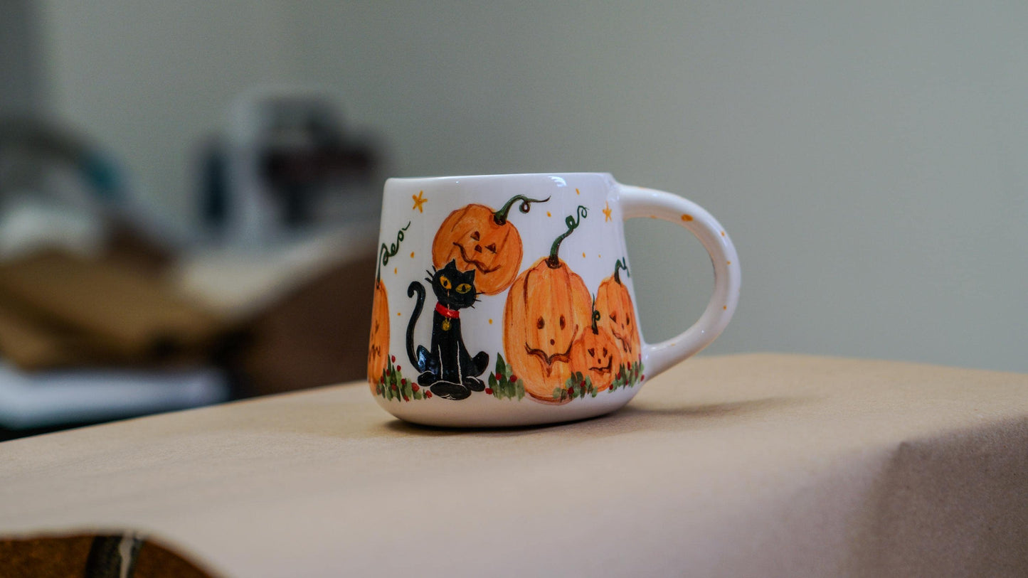 Halloween Cat Mug: Pumpkin & Witchy Design, Seasonal Gift