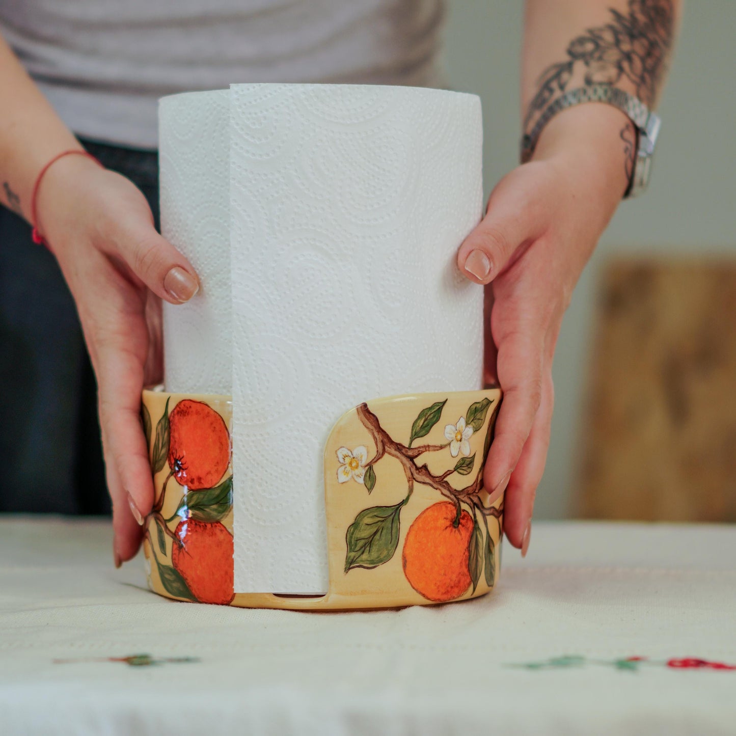 Handmade Ceramic Paper Towel Holder: Orange Blossom Kitchen Decor