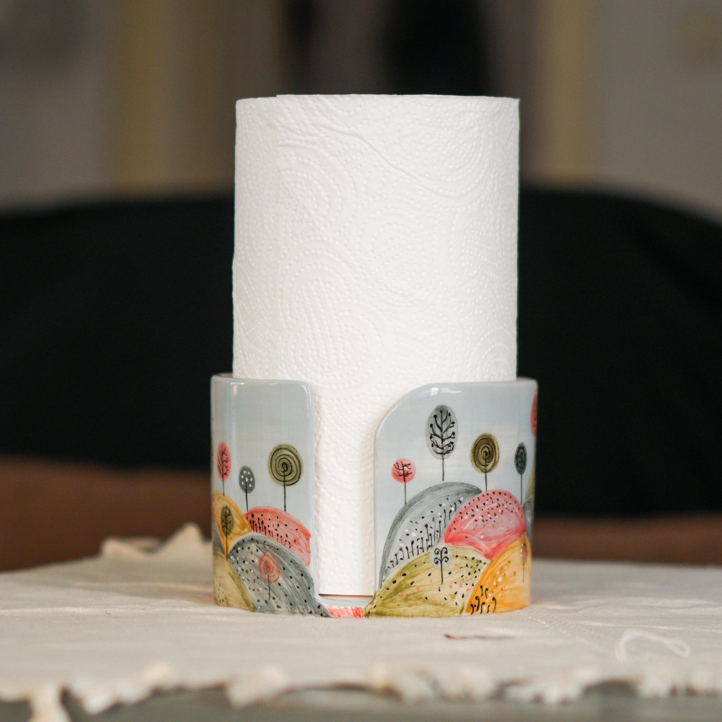 Ceramic Paper Towel Holder – Handmade Pottery Kitchen Decor, Whimsical Hand-Painted Countertop Organizer, New Home Gift