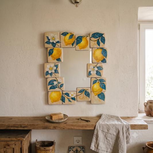 Hand Painted Lemon Ceramic Tile Mirror | Wall Decor