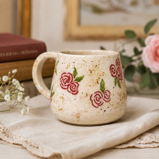 Rose Flower Pottery Mug - Ceramic Mug, Handmade Coffee Mug, Blossom Decorated Mug