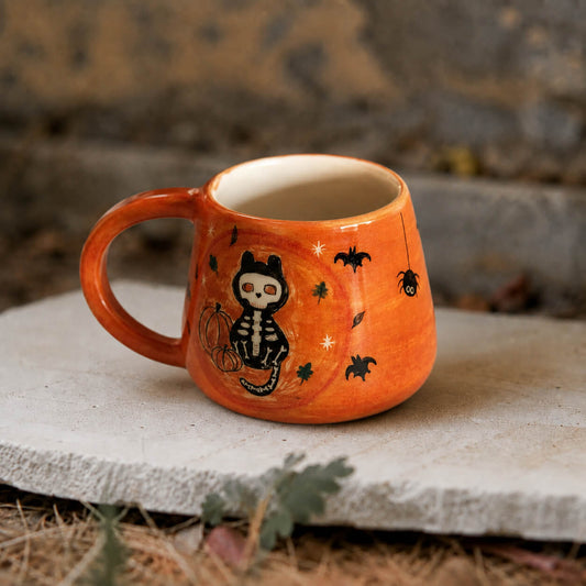 Skeleton Cat Ceramic Mug | Handmade Halloween Coffee Cup