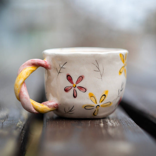Vintage Mug - Flower Designed Coffee Mug - Ceramic Coffee Cup - Colorful Handled - Special Gift for Home/Minimalist Design