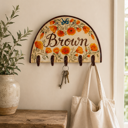 Custom Name Ceramic Key Holder | Floral Wall Hooks