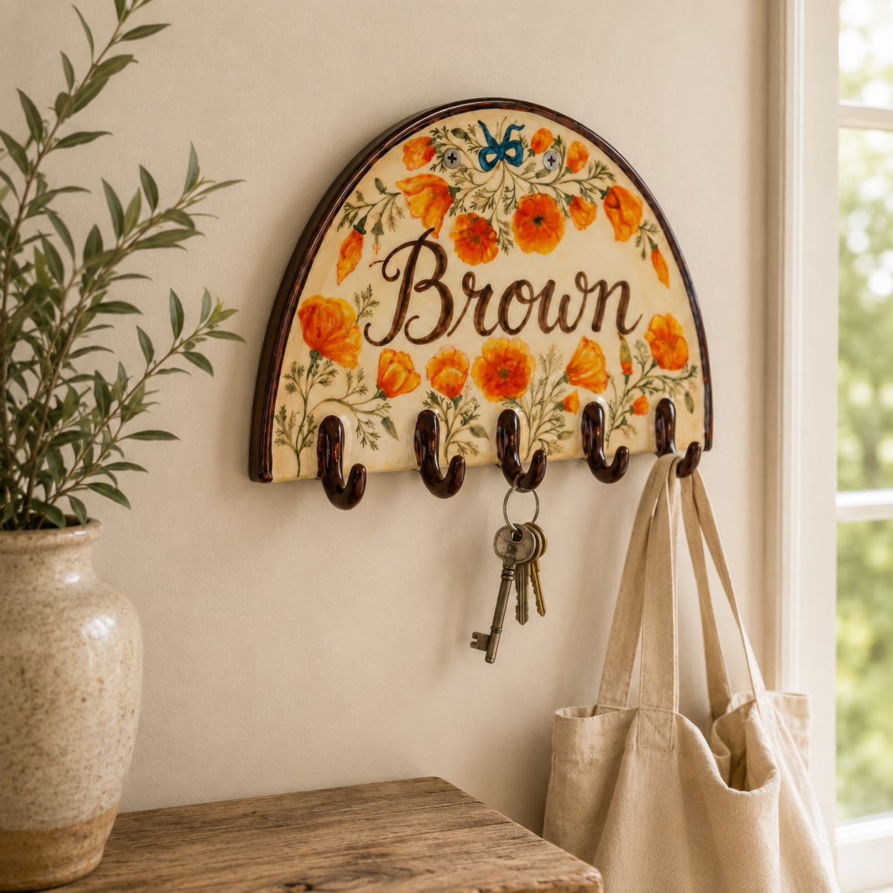 Custom Name Ceramic Key Holder | Floral Wall Hooks