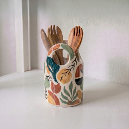 Abstract Ceramic Utensil Holder | Hand Painted Spoon Crock
