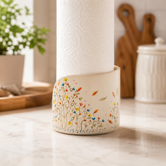 A ceramic paper towel holder with a colorful floral and bird pattern, holding a white paper towel roll on a light marble countertop in a kitchen setting.