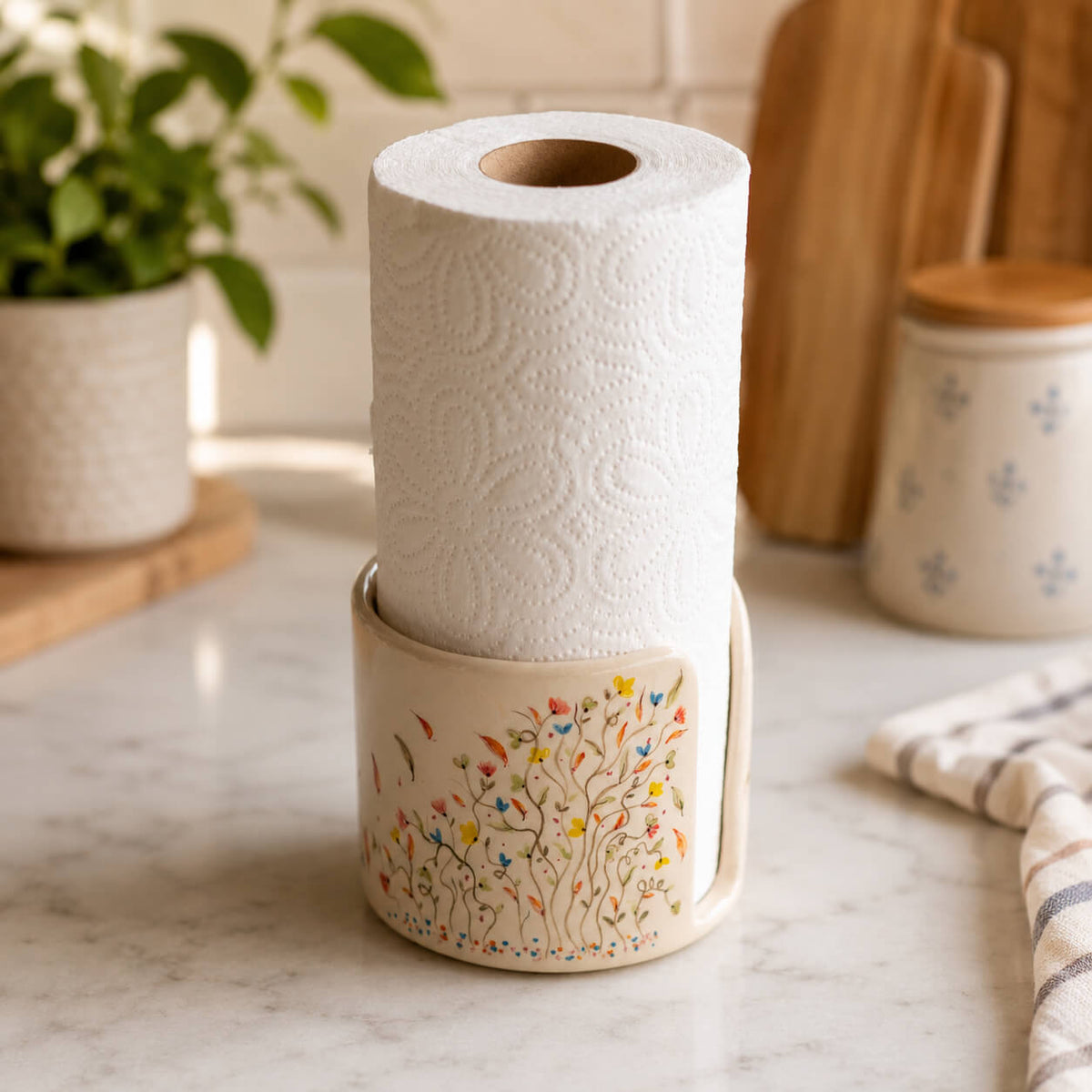 A roll of white paper towels or kitchen paper standing in a beige ceramic holder with a colorful floral and bird pattern, set on a marble countertop in a kitchen.