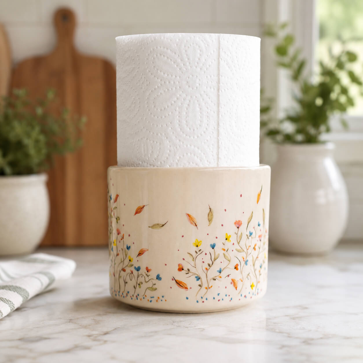 A ceramic paper towel holder with a roll of white paper towels inserted, set on a marble countertop in a kitchen. The holder has a warm cream base decorated with a delicate hand-painted floral and leaf pattern in orange, blue, yellow, and green.