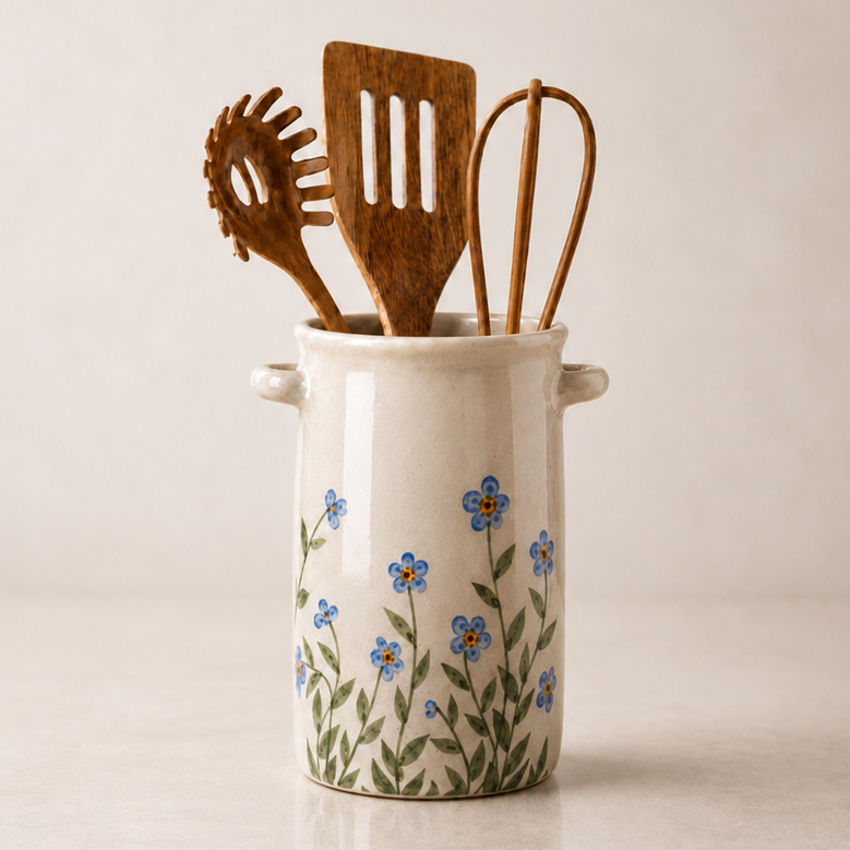 A ceramic kitchen utensil holder with a cream glaze, decorated with blue flowers and green leaves, holding wooden kitchen tools including a spatula, whisk, and spoon, set against a neutral beige background.