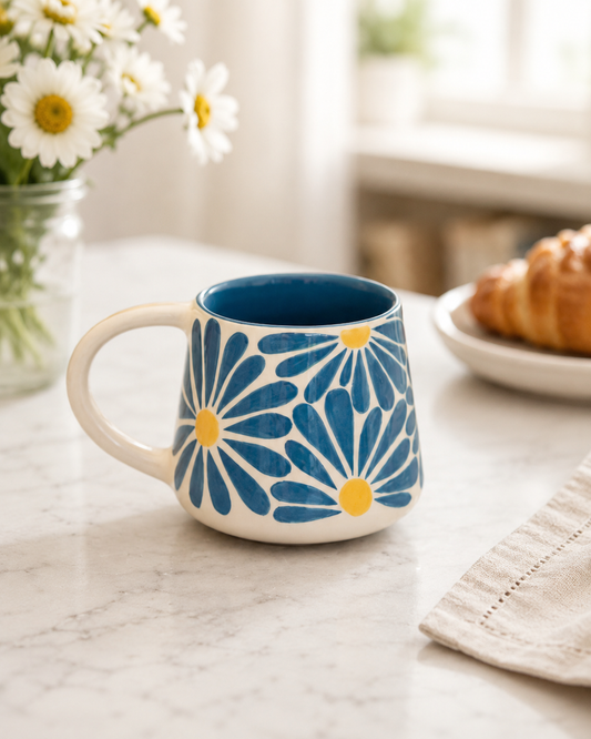 A ceramic mug with a blue and yellow daisy pattern, sitting on a marble countertop in a bright kitchen setting with flowers and a croissant blurred in the background.