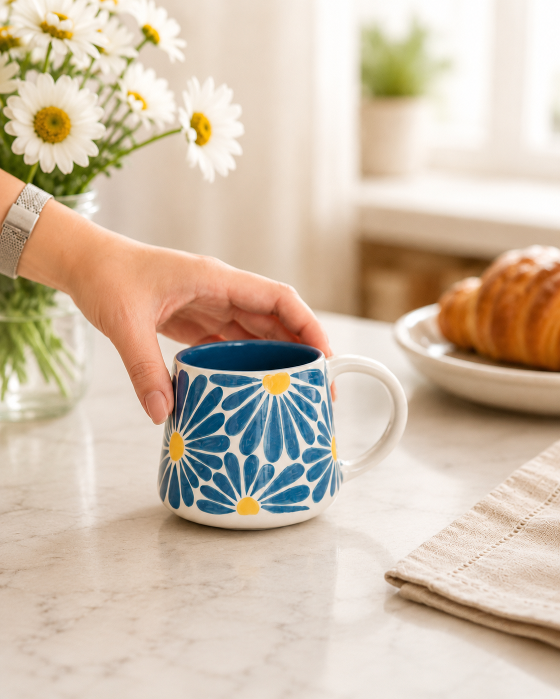 Floral Coffee Mug, Handmade Large Mug, Blue Flower Ceramic Mug