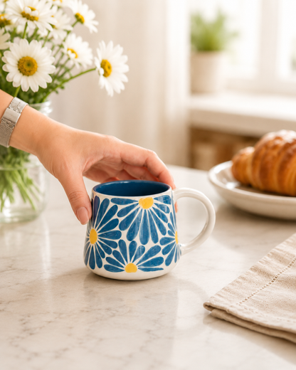 Floral Coffee Mug, Handmade Large Mug, Blue Flower Ceramic Mug