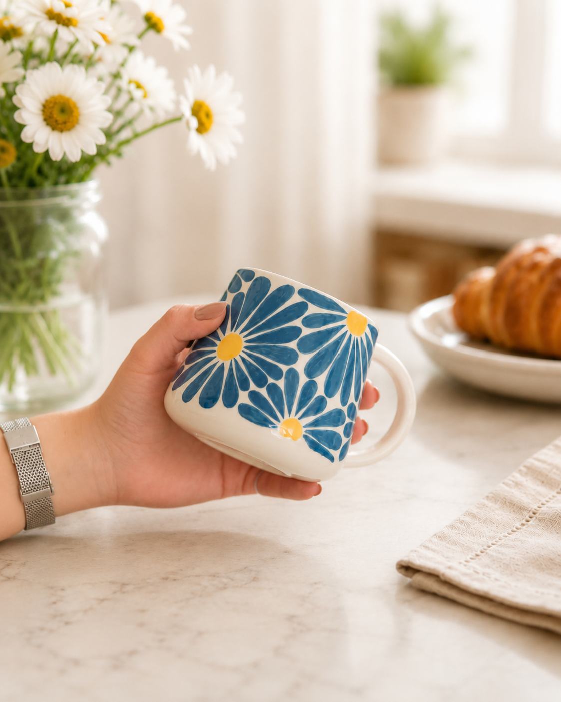 Floral Coffee Mug, Handmade Large Mug, Blue Flower Ceramic Mug