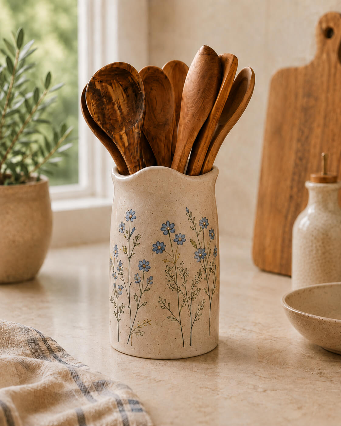 A beige ceramic utensil holder with a blue floral pattern, filled with wooden spoons, sitting on a kitchen counter near a window.