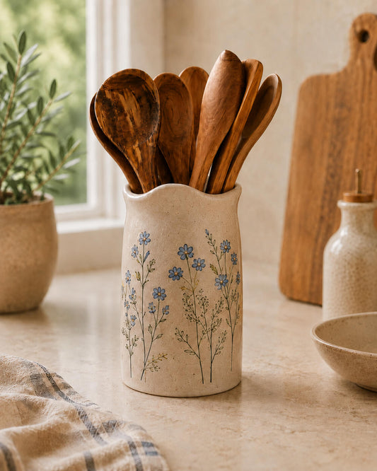 A beige ceramic utensil holder with a blue floral pattern, filled with wooden spoons, sitting on a kitchen counter near a window.