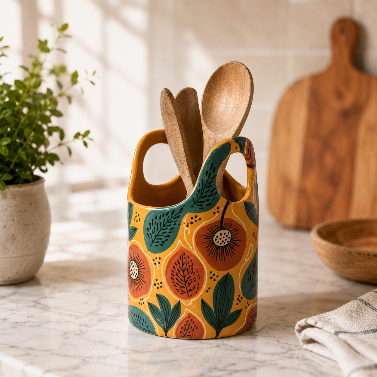 Hand Painted Ceramic Utensil Holder | Boho Spoon Crock
