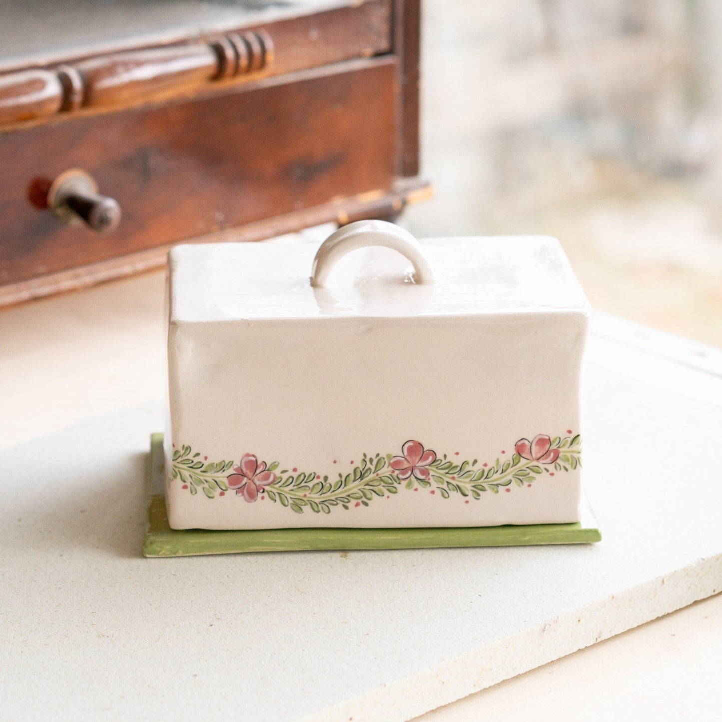 Butter Dish with Lid - Ceramic Butter Plate, Pottery Butter Holder, Flower Decorated Dish