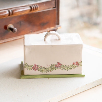 Butter Dish with Lid - Ceramic Butter Plate, Pottery Butter Holder, Flower Decorated Dish