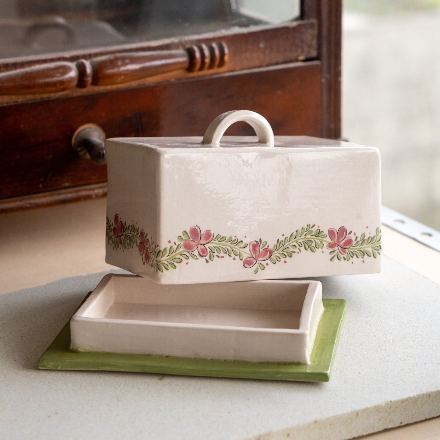Butter Dish with Lid - Ceramic Butter Plate, Pottery Butter Holder, Flower Decorated Dish