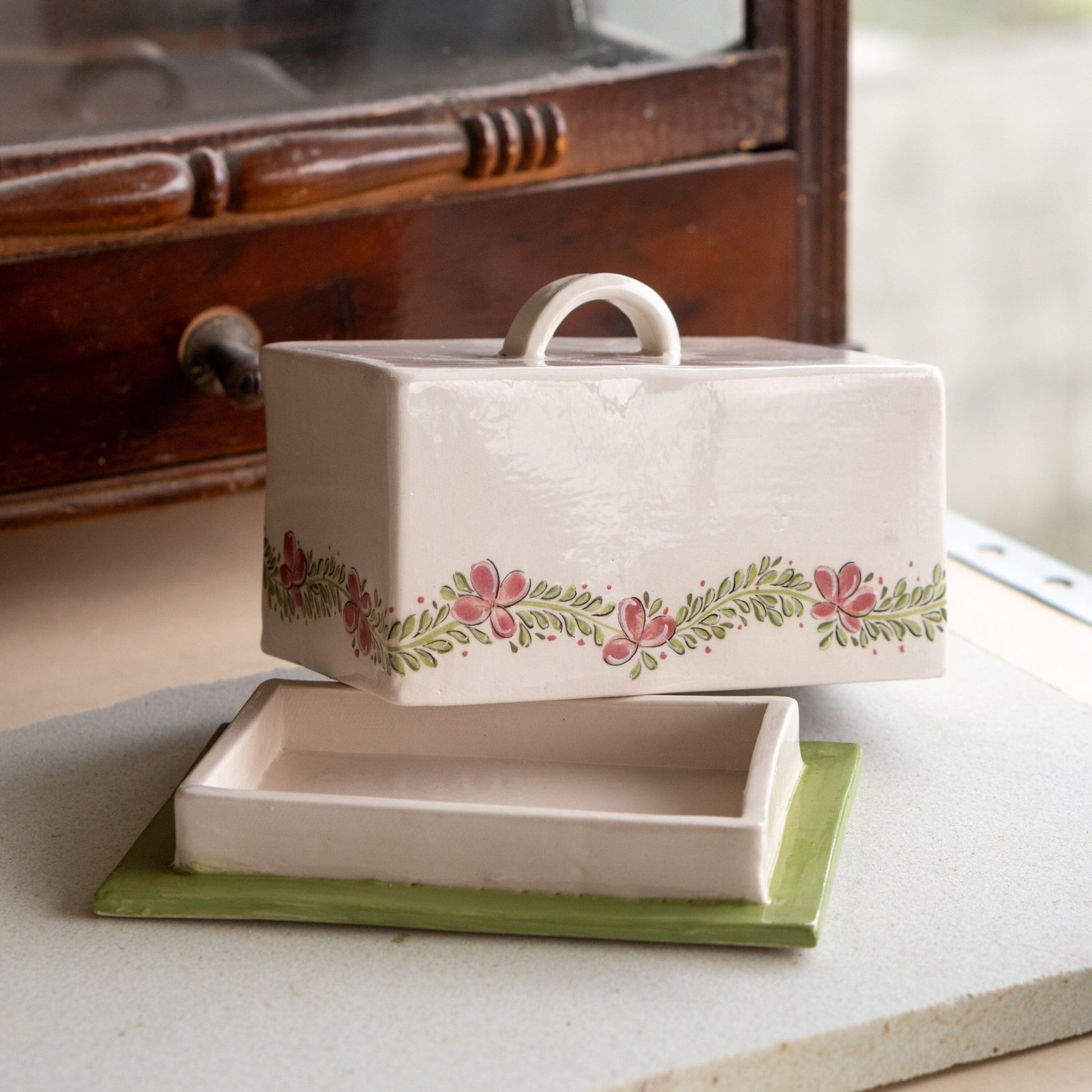 Butter Dish with Lid - Ceramic Butter Plate, Pottery Butter Holder, Flower Decorated Dish