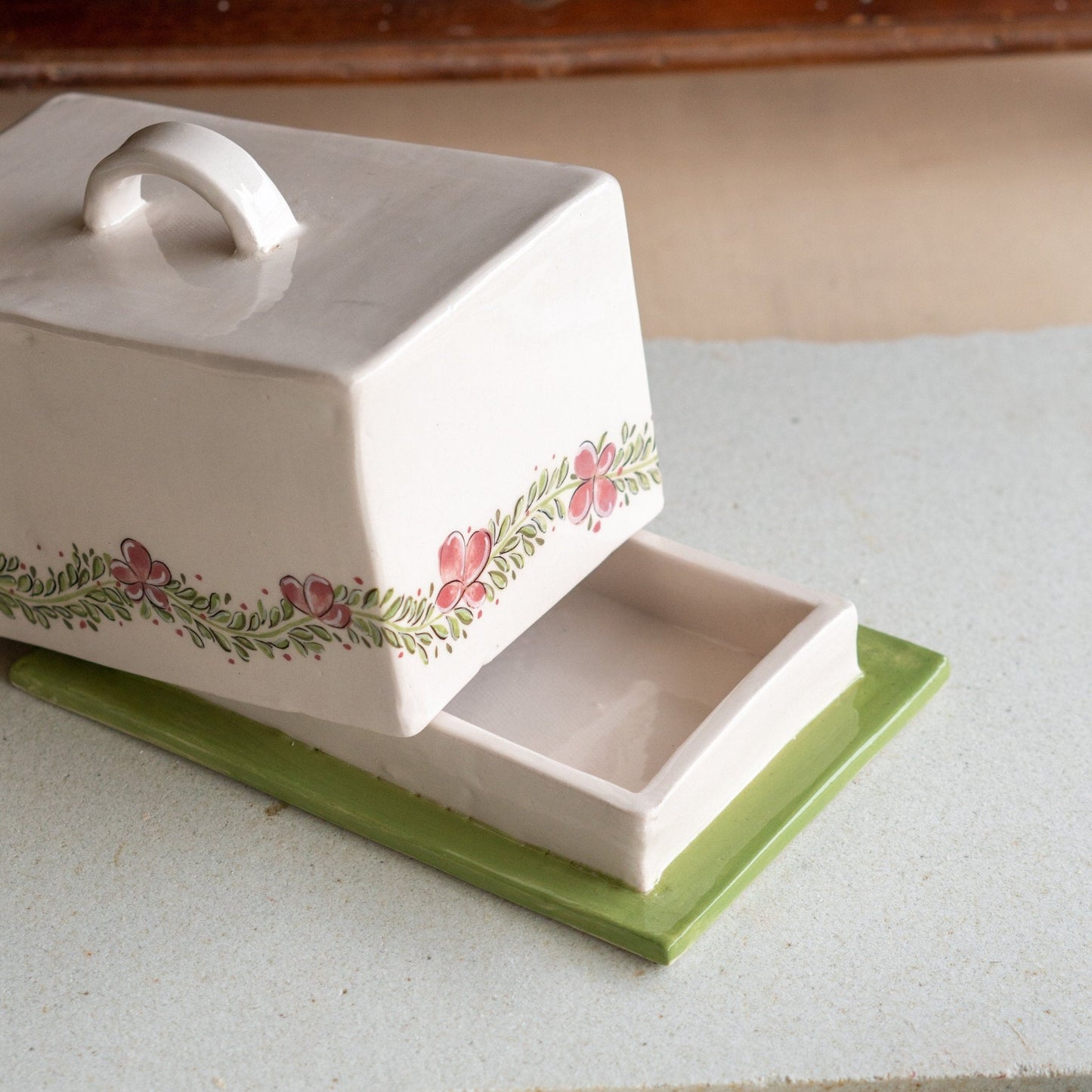 Butter Dish with Lid - Ceramic Butter Plate, Pottery Butter Holder, Flower Decorated Dish
