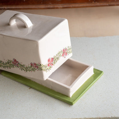 Butter Dish with Lid - Ceramic Butter Plate, Pottery Butter Holder, Flower Decorated Dish