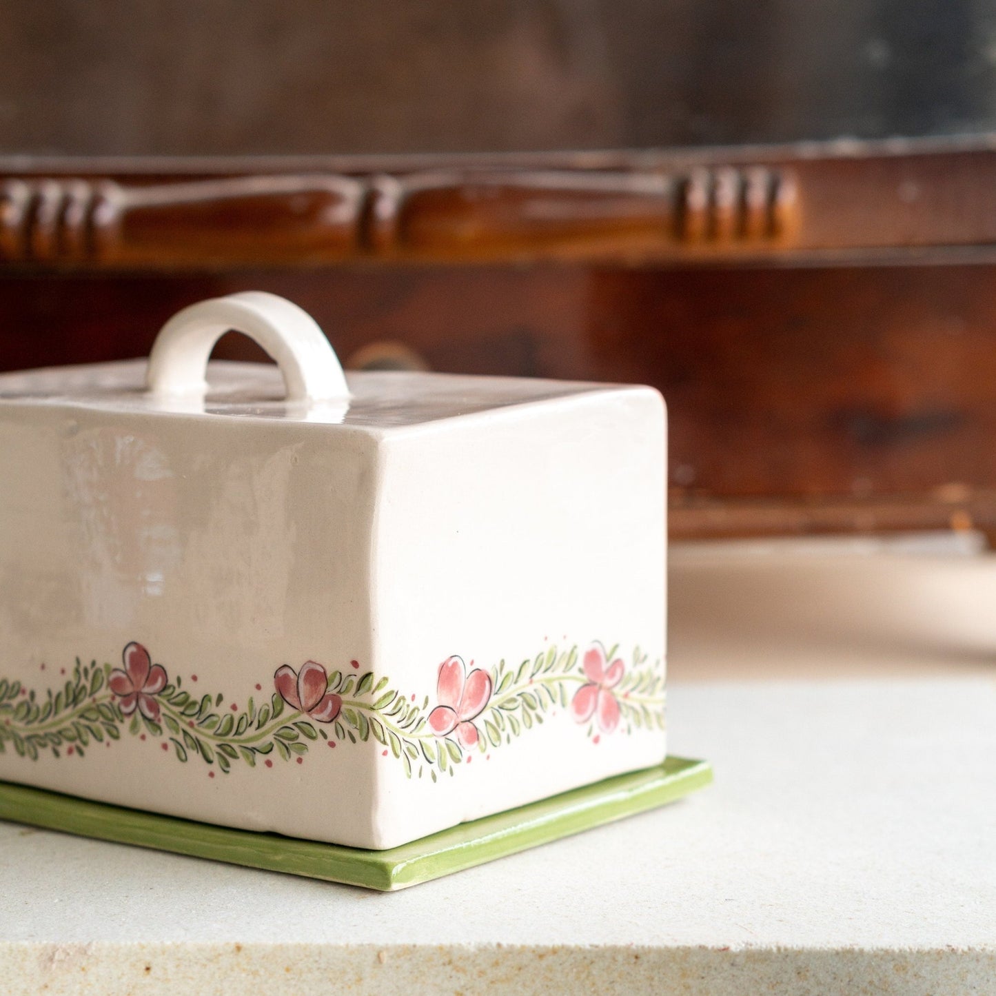 Butter Dish with Lid - Ceramic Butter Plate, Pottery Butter Holder, Flower Decorated Dish