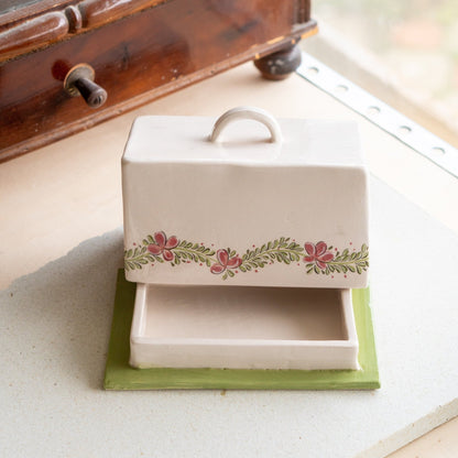 Butter Dish with Lid - Ceramic Butter Plate, Pottery Butter Holder, Flower Decorated Dish