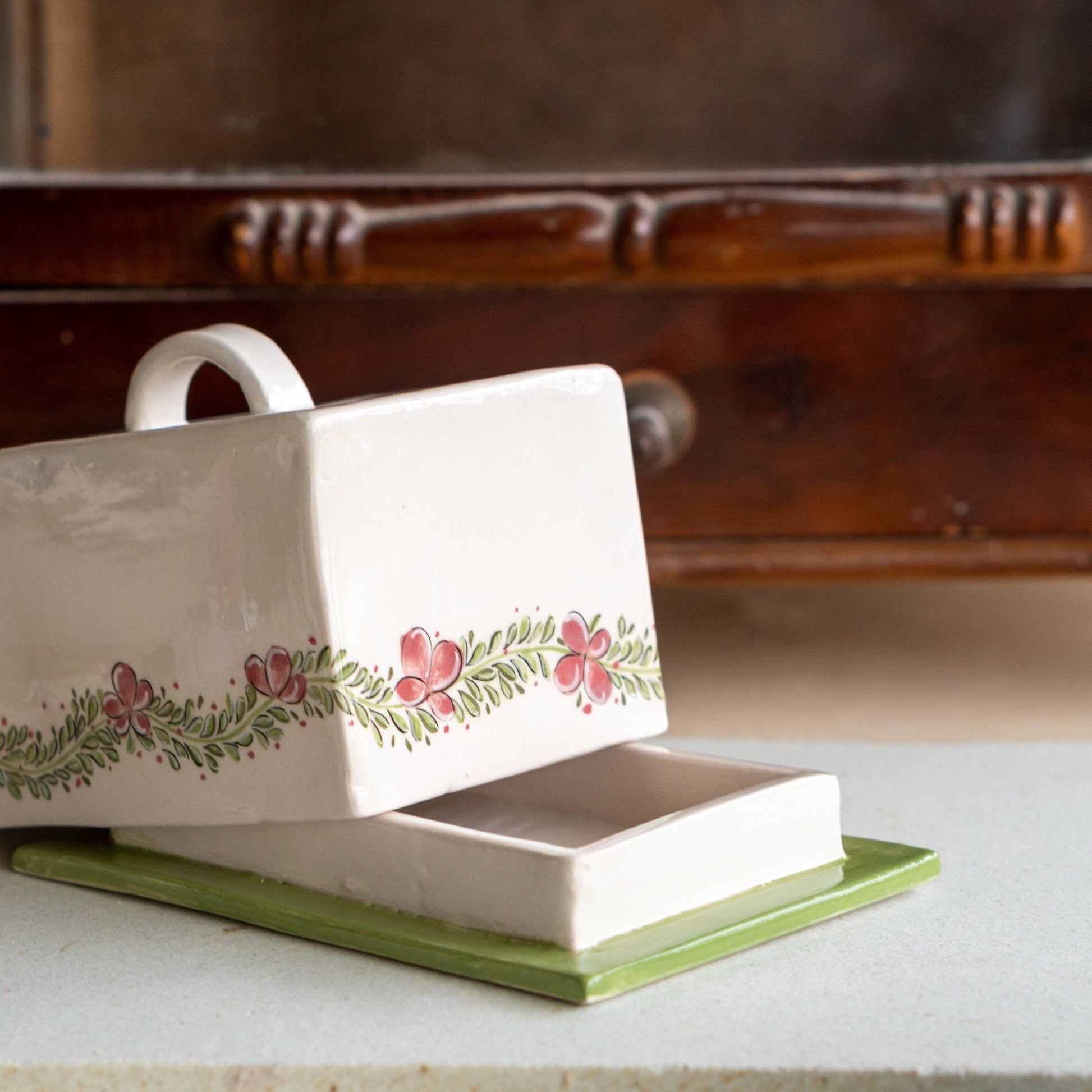Butter Dish with Lid - Ceramic Butter Plate, Pottery Butter Holder, Flower Decorated Dish