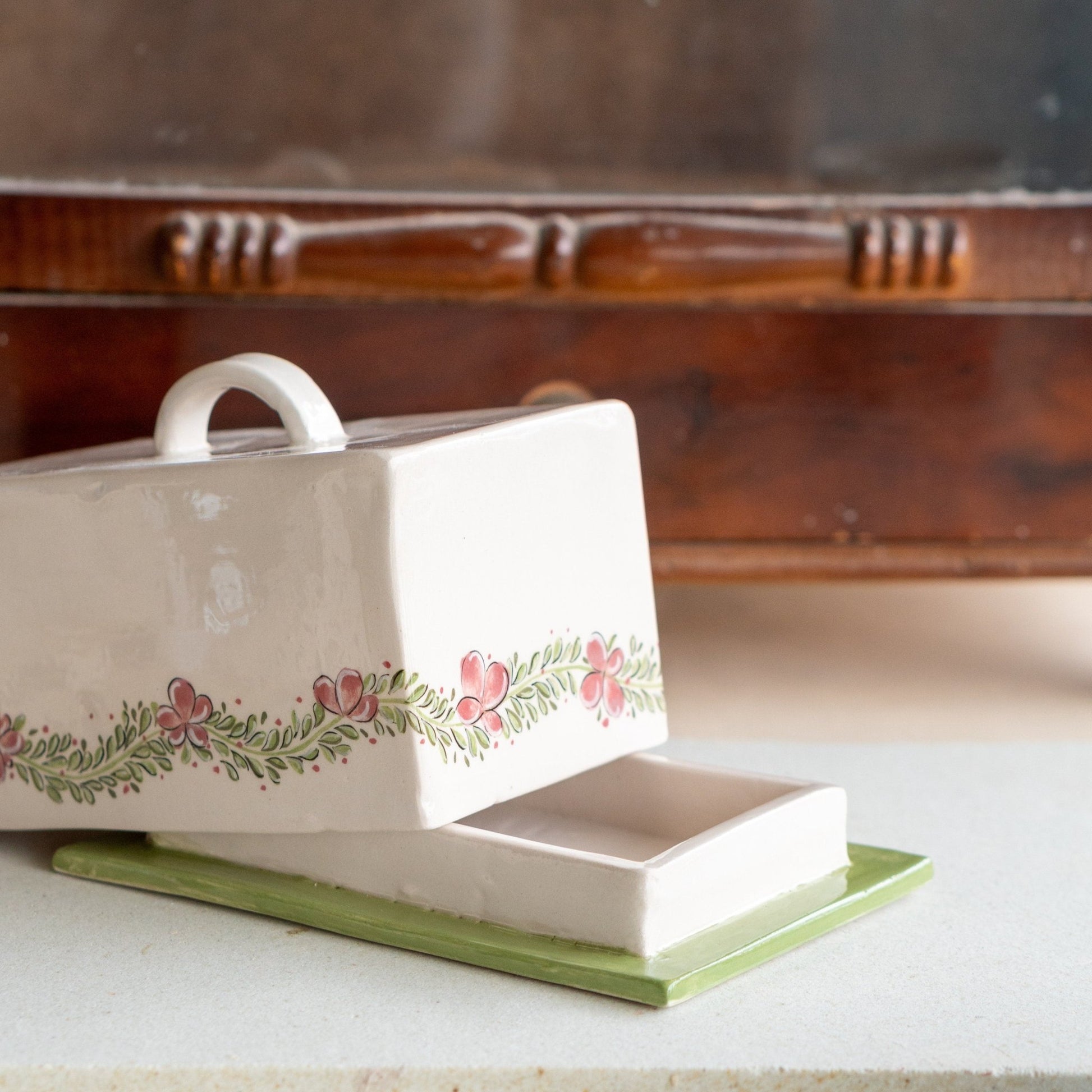 Butter Dish with Lid - Ceramic Butter Plate, Pottery Butter Holder, Flower Decorated Dish