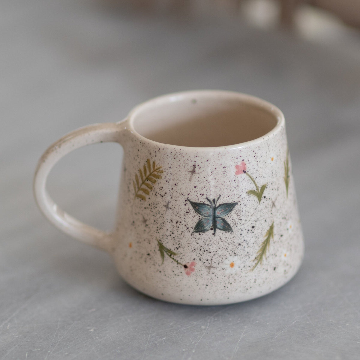 Butterfly Coffee Mug, Handmade Ceramic Spring Theme Coffee Mug, Flowers, Bees and Butterflies, Warm Gift Idea