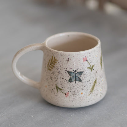Butterfly Coffee Mug, Handmade Ceramic Spring Theme Coffee Mug, Flowers, Bees and Butterflies, Warm Gift Idea