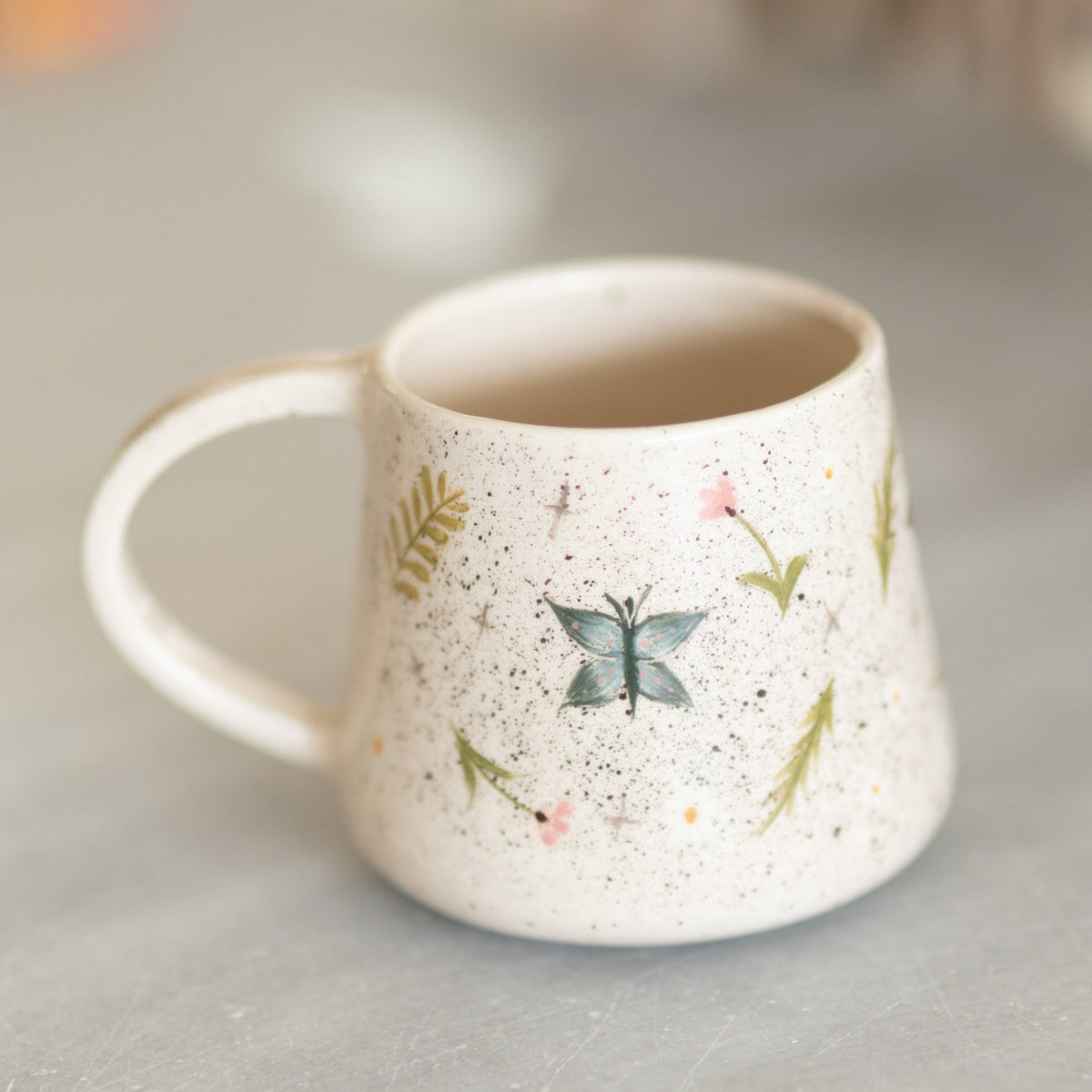 Butterfly Coffee Mug, Handmade Ceramic Spring Theme Coffee Mug, Flowers, Bees and Butterflies, Warm Gift Idea