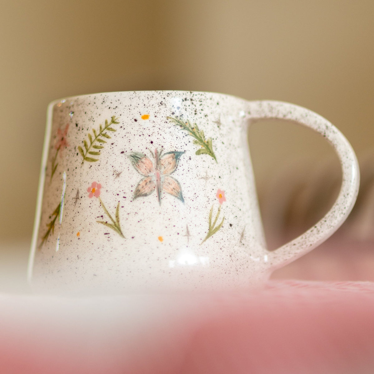 Butterfly Coffee Mug, Handmade Ceramic Spring Theme Coffee Mug, Flowers, Bees and Butterflies, Warm Gift Idea