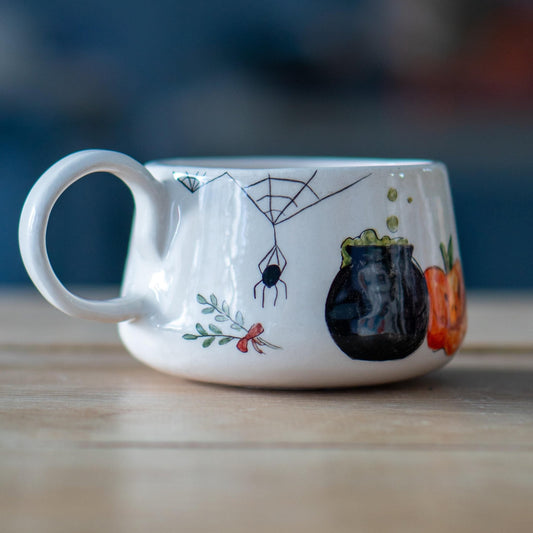 Cat and Skull Coffee Mug, Cauldron Pumpkin Mug, Halloween Gift Coffee Cup, Witch Mug