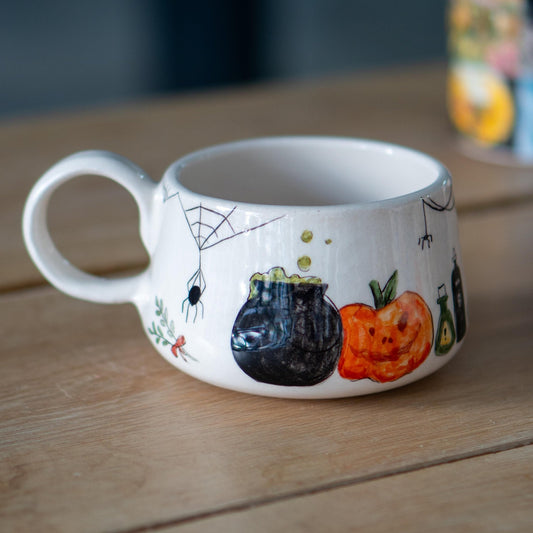 Cat and Skull Coffee Mug, Cauldron Pumpkin Mug, Halloween Gift Coffee Cup, Witch Mug