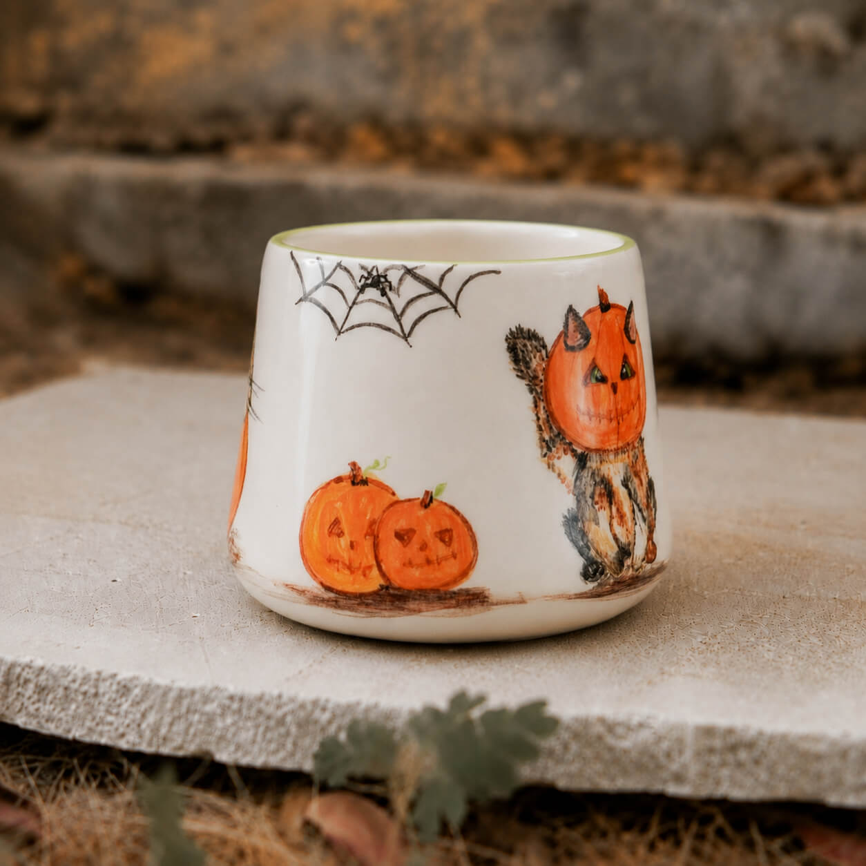 A white ceramic Halloween-themed candle holder or cup with a printed design of jack-o'-lanterns, a spiderweb, and a fox with an orange pumpkin head, resting on a stone slab outdoors.