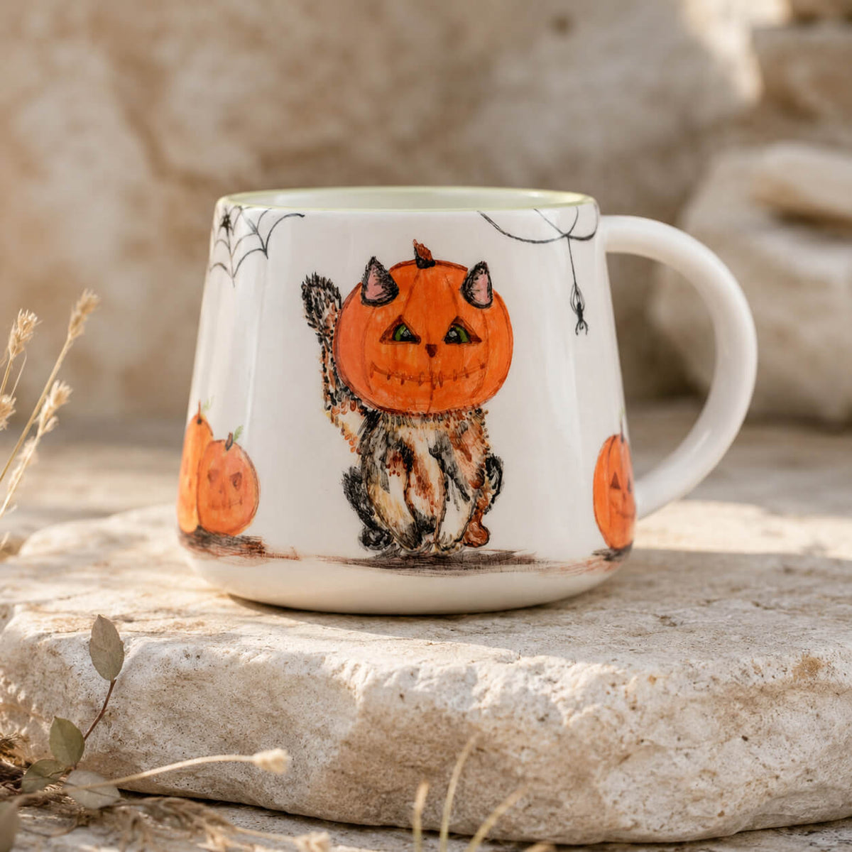 A white ceramic mug with a Halloween design featuring a cat with a pumpkin head, orange pumpkins, and spiderwebs, set on a stone surface outdoors.