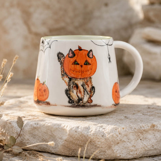 A white ceramic mug with a Halloween design featuring a cat with a pumpkin head, orange pumpkins, and spiderwebs, set on a stone surface outdoors.