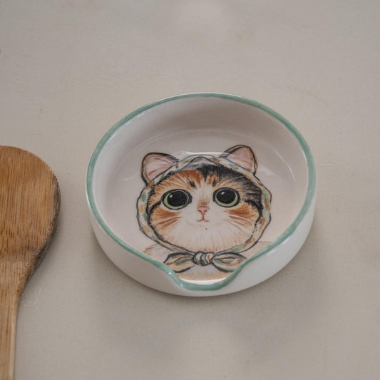 Cat Spoon Rest – Handmade Ceramic Spoon Holder, Illustrated Cat Dish, Cute Cat Kitchen Decor, Gift for Cat Lovers