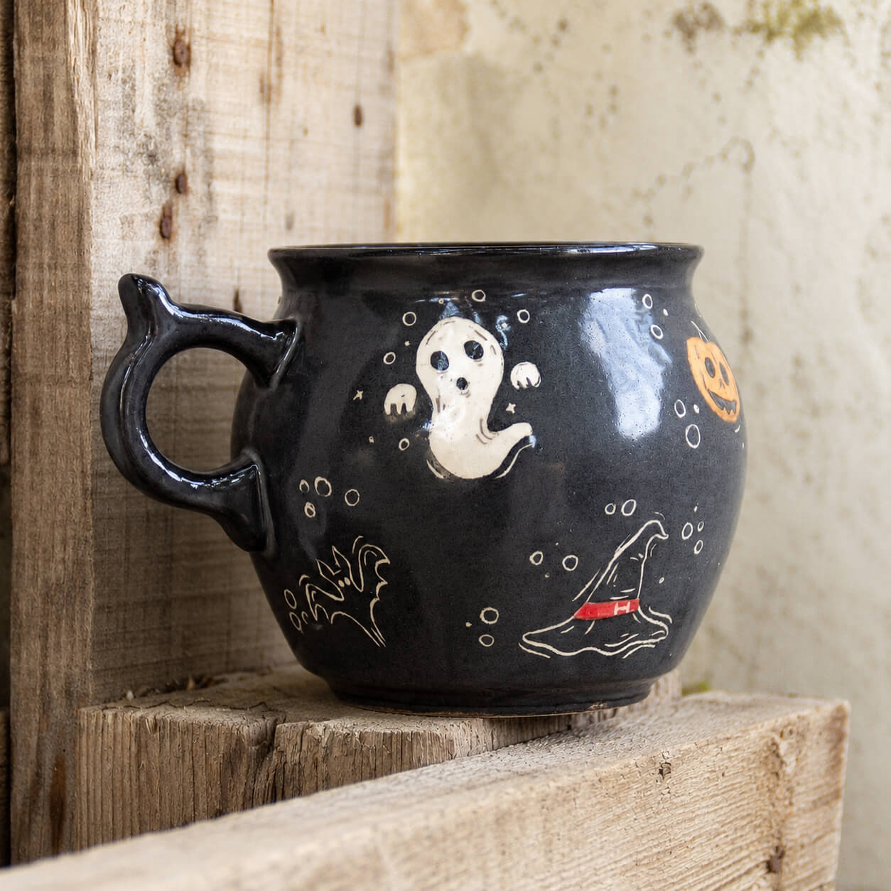 Cauldron Mug Halloween Decor, Handmade Ceramic Mug, Ghost Witch Hat and Pumpkin
