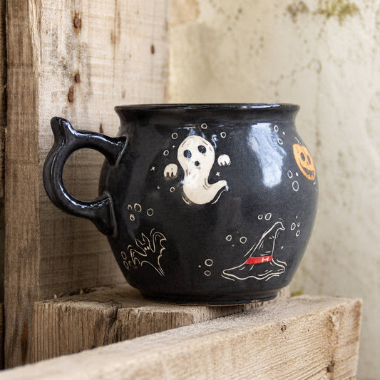 Cauldron Mug Halloween Decor, Handmade Ceramic Mug, Ghost Witch Hat and Pumpkin