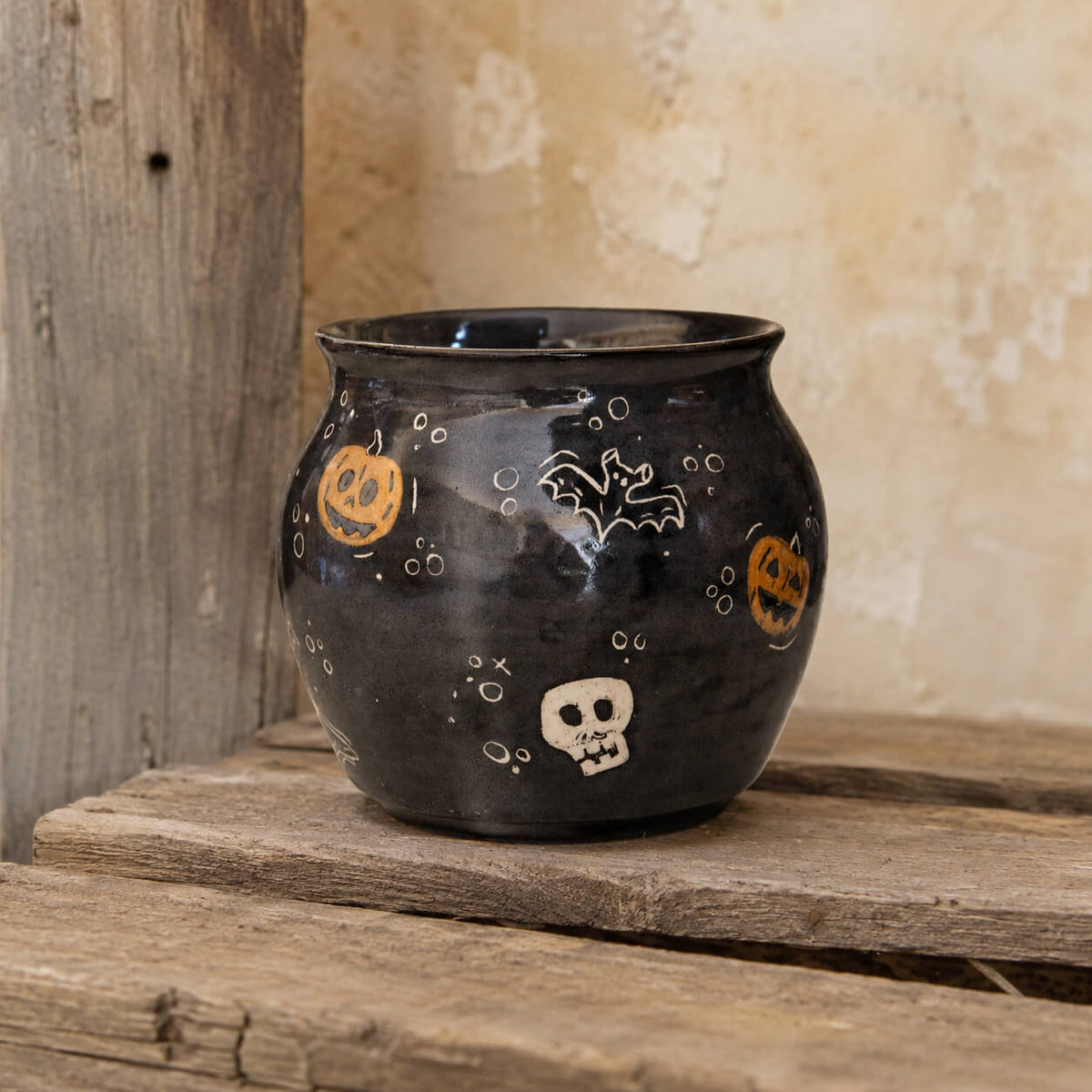 Cauldron Mug Halloween Decor, Handmade Ceramic Mug, Ghost Witch Hat and Pumpkin